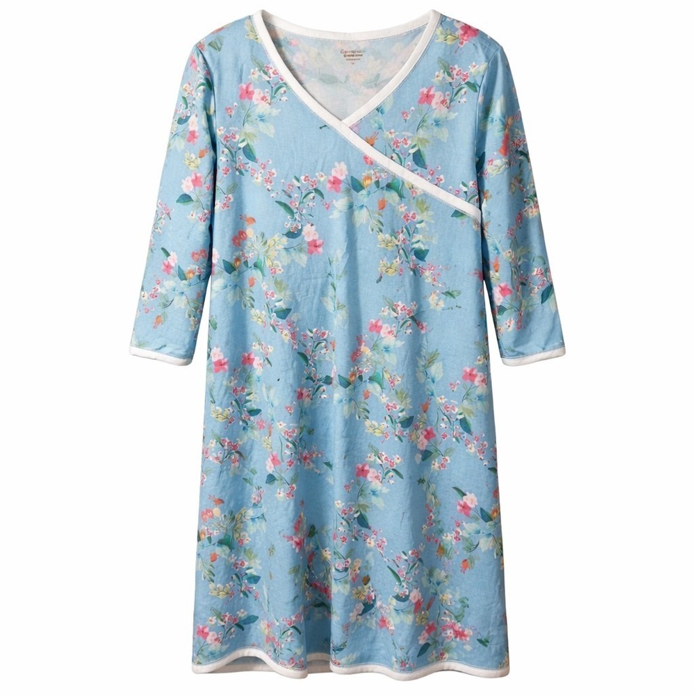 NWT$ GARNET HILL 100% Organic Green Cotton Asian Faux Wrap Gown Sz XS Floral AOP